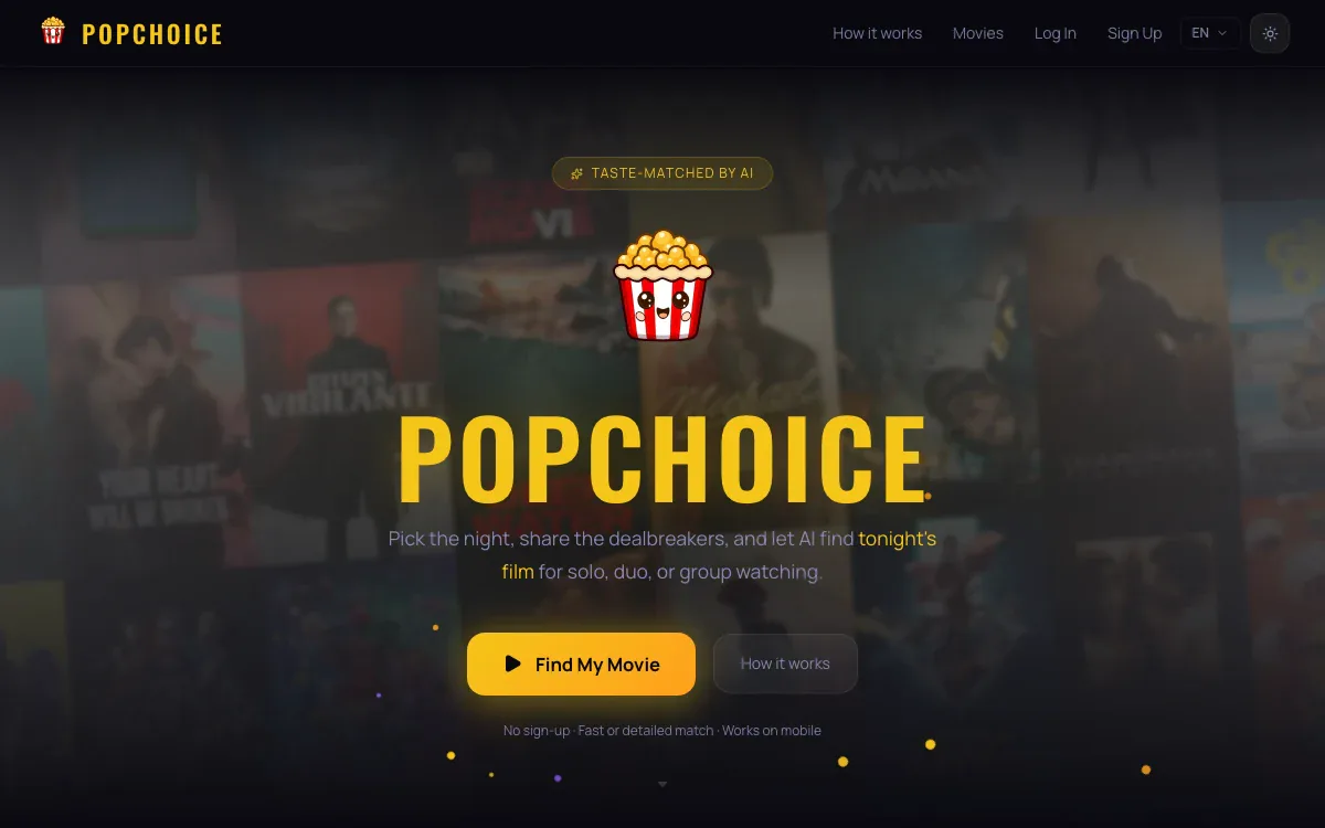 PopChoice home screen with a popcorn mascot over a cinematic poster wall.